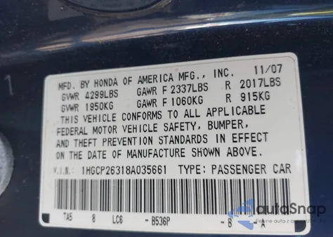 2008 Honda Accord 2.4 Lx z USA, uszkodzony, nr VIN 1HGCP26318A035661